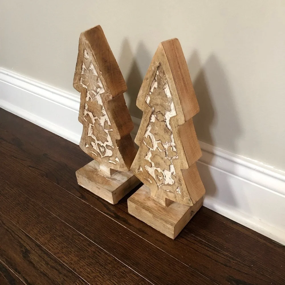 Rustic Farmhouse Hand-Carved 12” Wooden Christmas Trees w/Distressed Finish x2